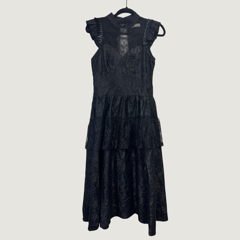 Lace Tiered Midi Dress Womens‎ S Black Ruffle Mock Neck Sheer Gothic Open Back